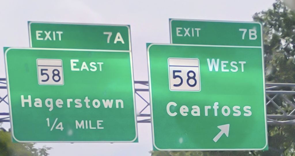 signs for 58 east towards Hagerstown and 58 west towards Cearfoss on I-81 north
